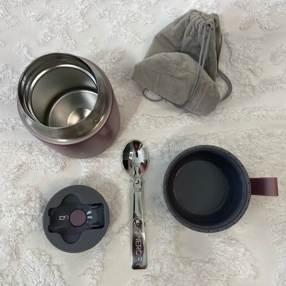 GNERGIFY Double Wall Vacuum Food Jar Thermos w/ Folding Spoon & Bag 22 oz Purple